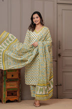 Jaipuri Handblock Printed Cotton Kurta Pant Set with malmal Dupatta - Yellow & Green