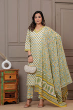 Jaipuri Handblock Printed Cotton Kurta Pant Set with malmal Dupatta - Yellow & Green