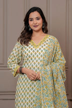 Jaipuri Handblock Printed Cotton Kurta Pant Set with malmal Dupatta - Yellow & Green