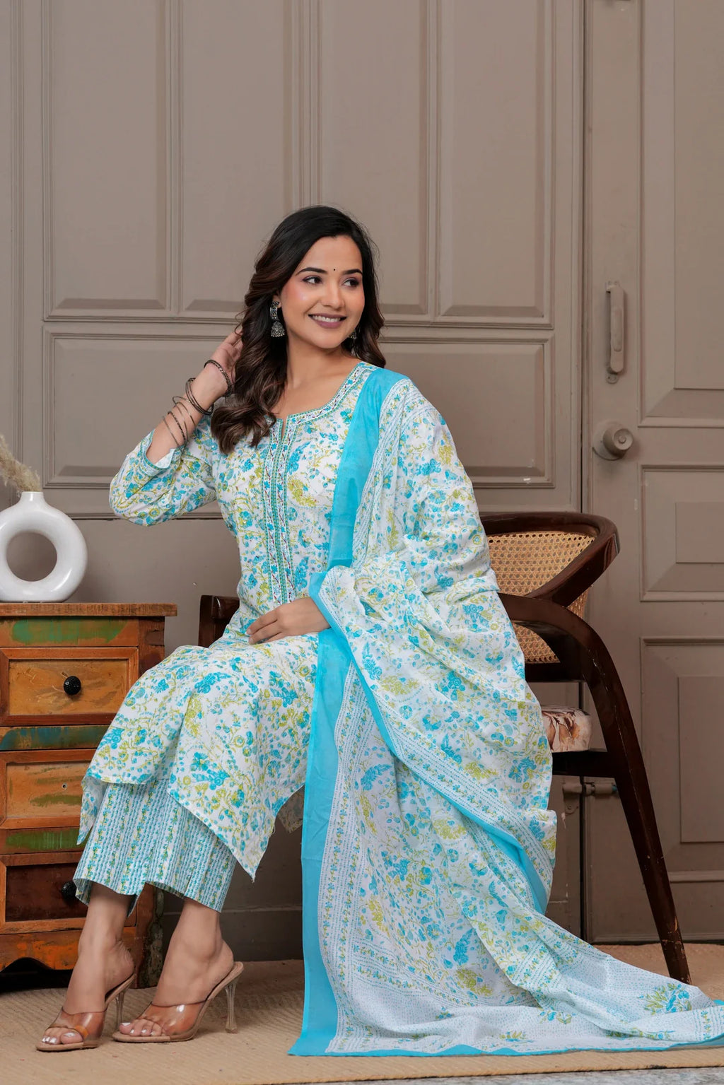 Jaipur Floral Jaipuri Printed Cotton Kurta pant Set with malmal Dupatta