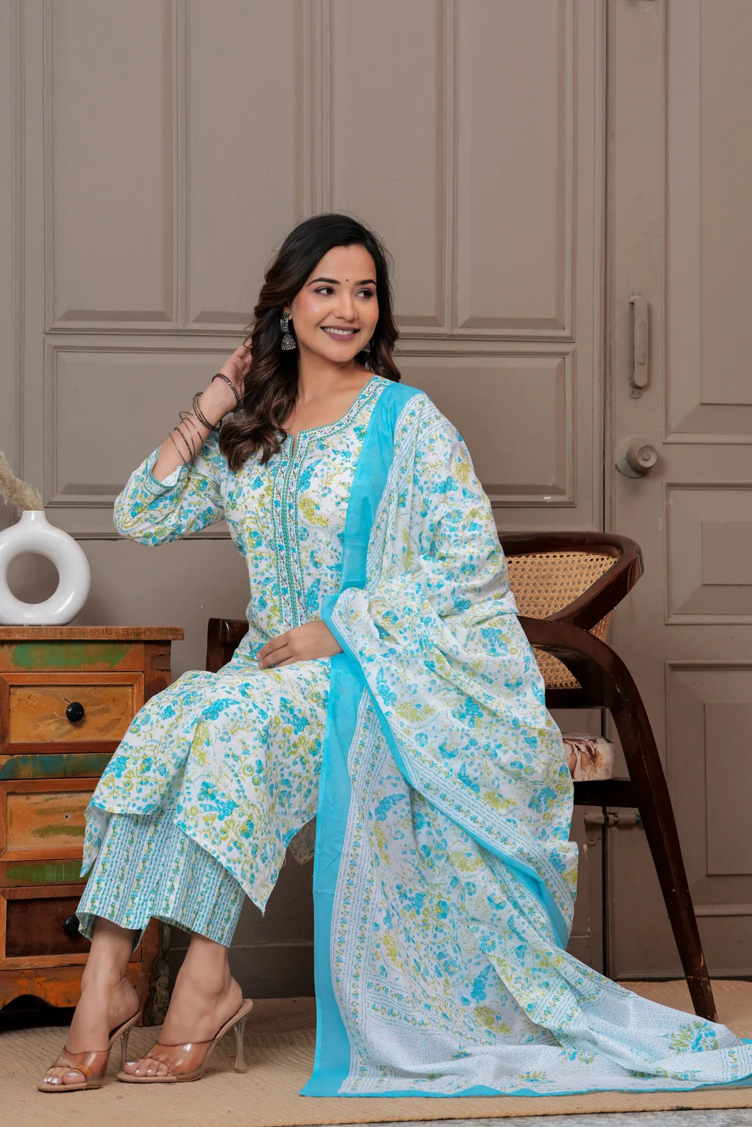 Jaipur Floral Jaipuri Printed Cotton Kurta pant Set with malmal Dupatta