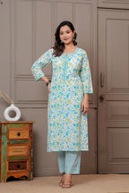Jaipur Floral Jaipuri Printed Cotton Kurta pant Set with malmal Dupatta
