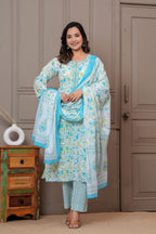 Jaipur Floral Jaipuri Printed Cotton Kurta pant Set with malmal Dupatta
