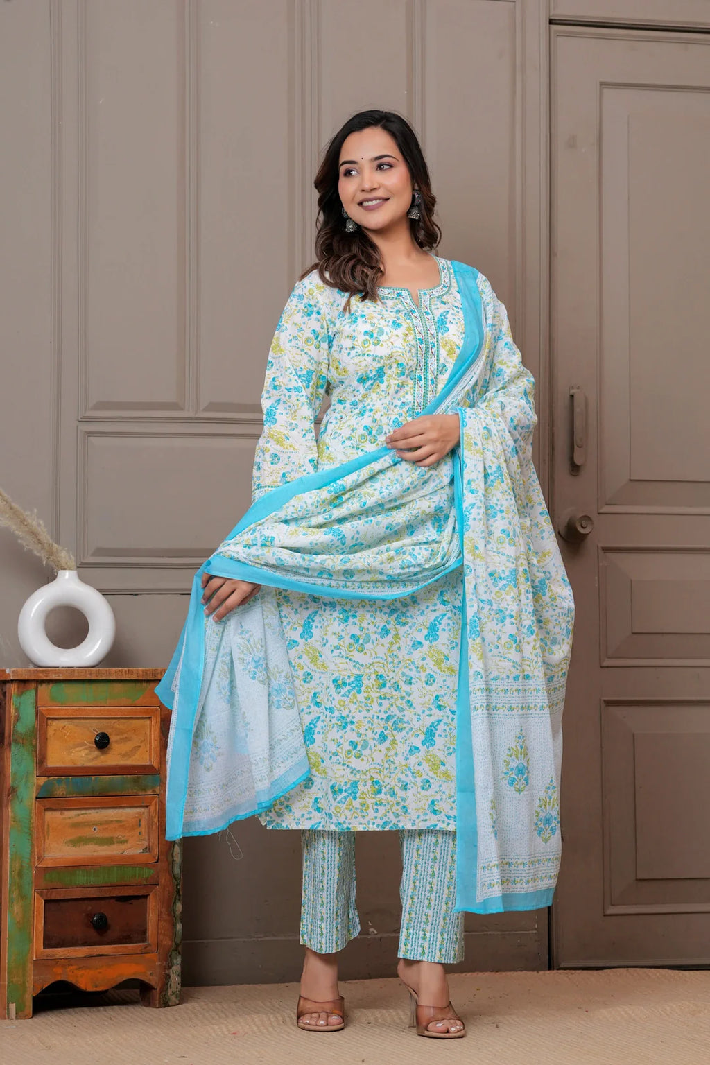 Jaipur Floral Jaipuri Printed Cotton Kurta pant Set with malmal Dupatta