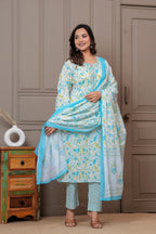 Jaipur Floral Jaipuri Printed Cotton Kurta pant Set with malmal Dupatta
