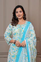 Jaipur Floral Jaipuri Printed Cotton Kurta pant Set with malmal Dupatta