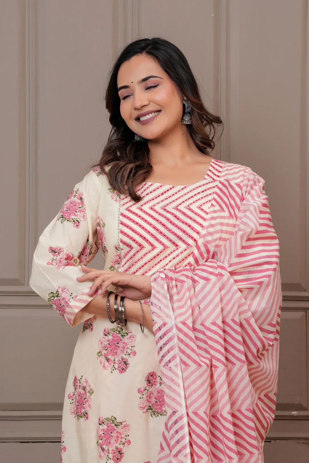 Handblock Floral Cotton Kurta Pant Set with Leheriya Dupatta - Pink
