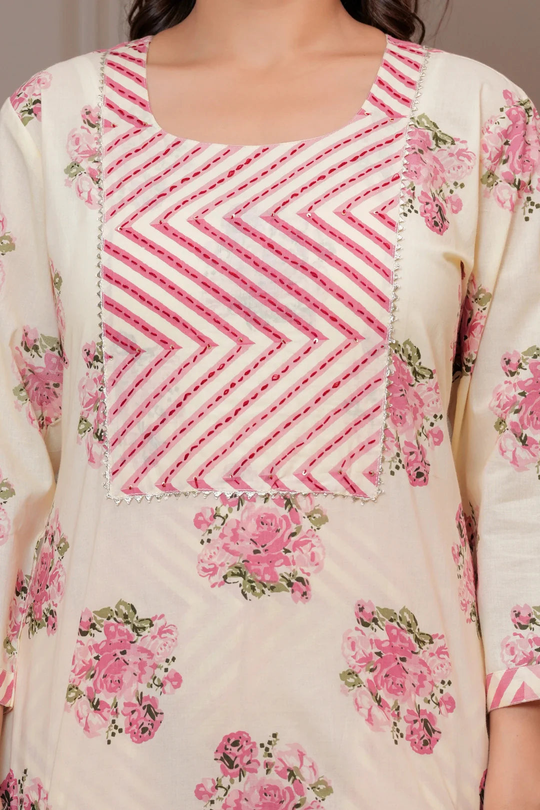 Handblock Floral Cotton Kurta Pant Set with Leheriya Dupatta - Pink