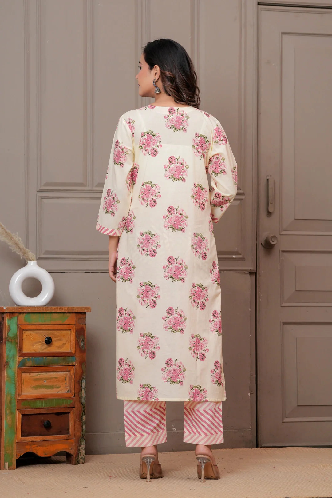 Handblock Floral Cotton Kurta Pant Set with Leheriya Dupatta - Pink