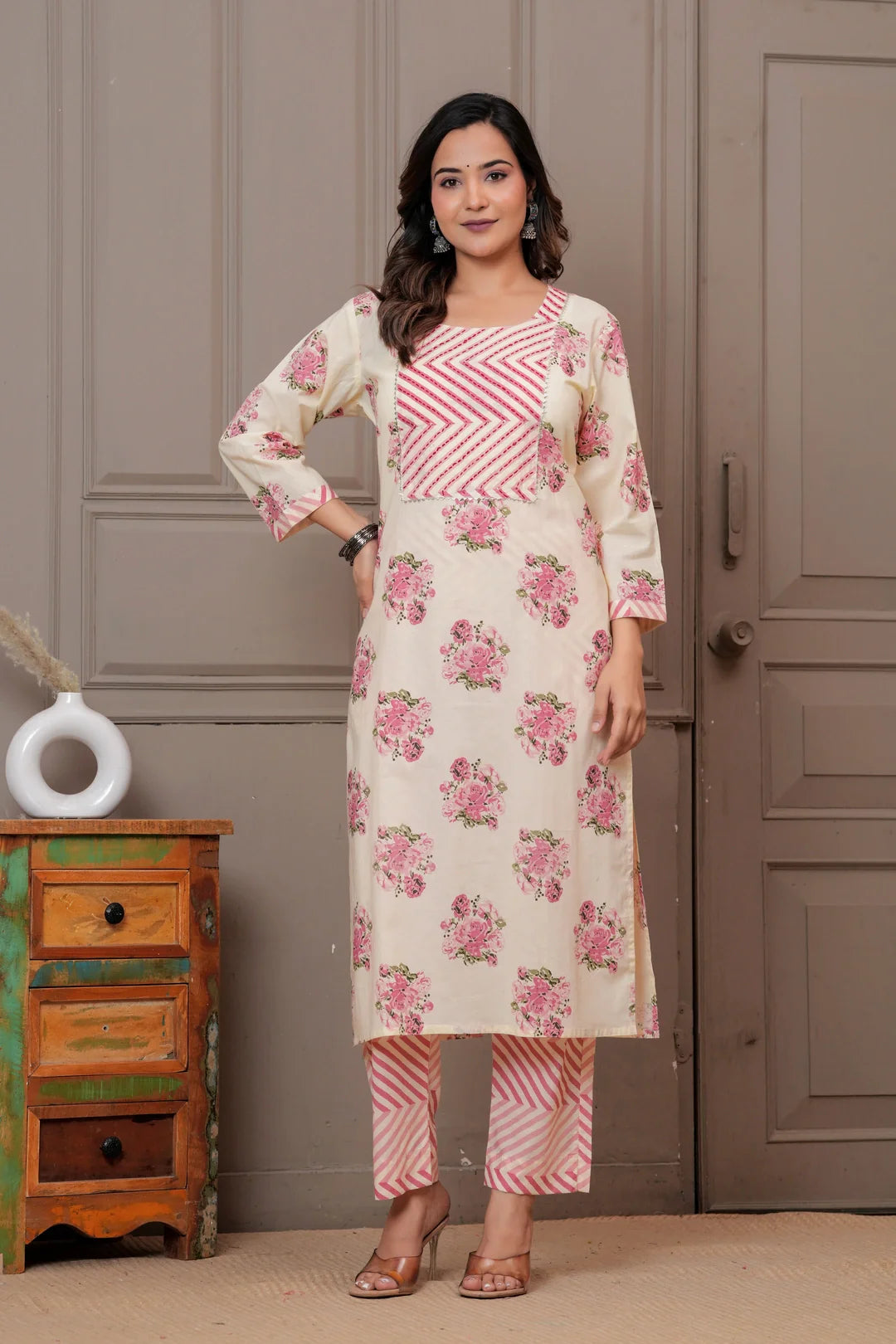 Handblock Floral Cotton Kurta Pant Set with Leheriya Dupatta - Pink