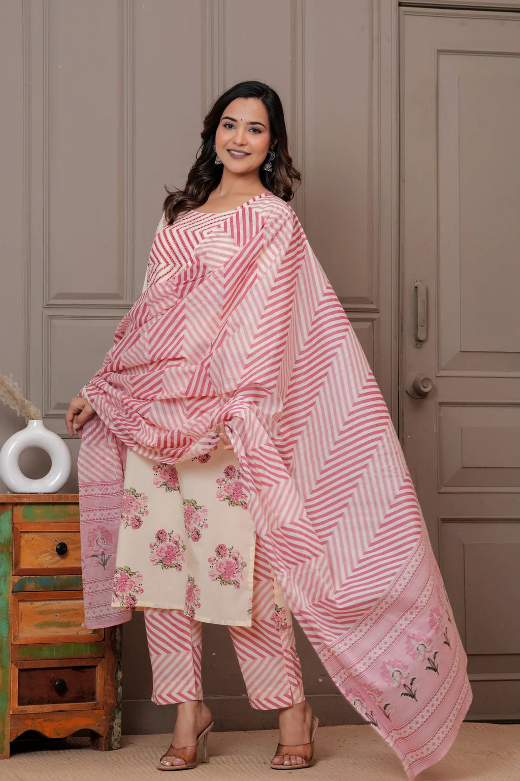 Handblock Floral Cotton Kurta Pant Set with Leheriya Dupatta - Pink