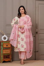 Handblock Floral Cotton Kurta Pant Set with Leheriya Dupatta - Pink