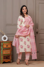 Handblock Floral Cotton Kurta Pant Set with Leheriya Dupatta - Pink