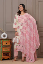 Handblock Floral Cotton Kurta Pant Set with Leheriya Dupatta - Pink