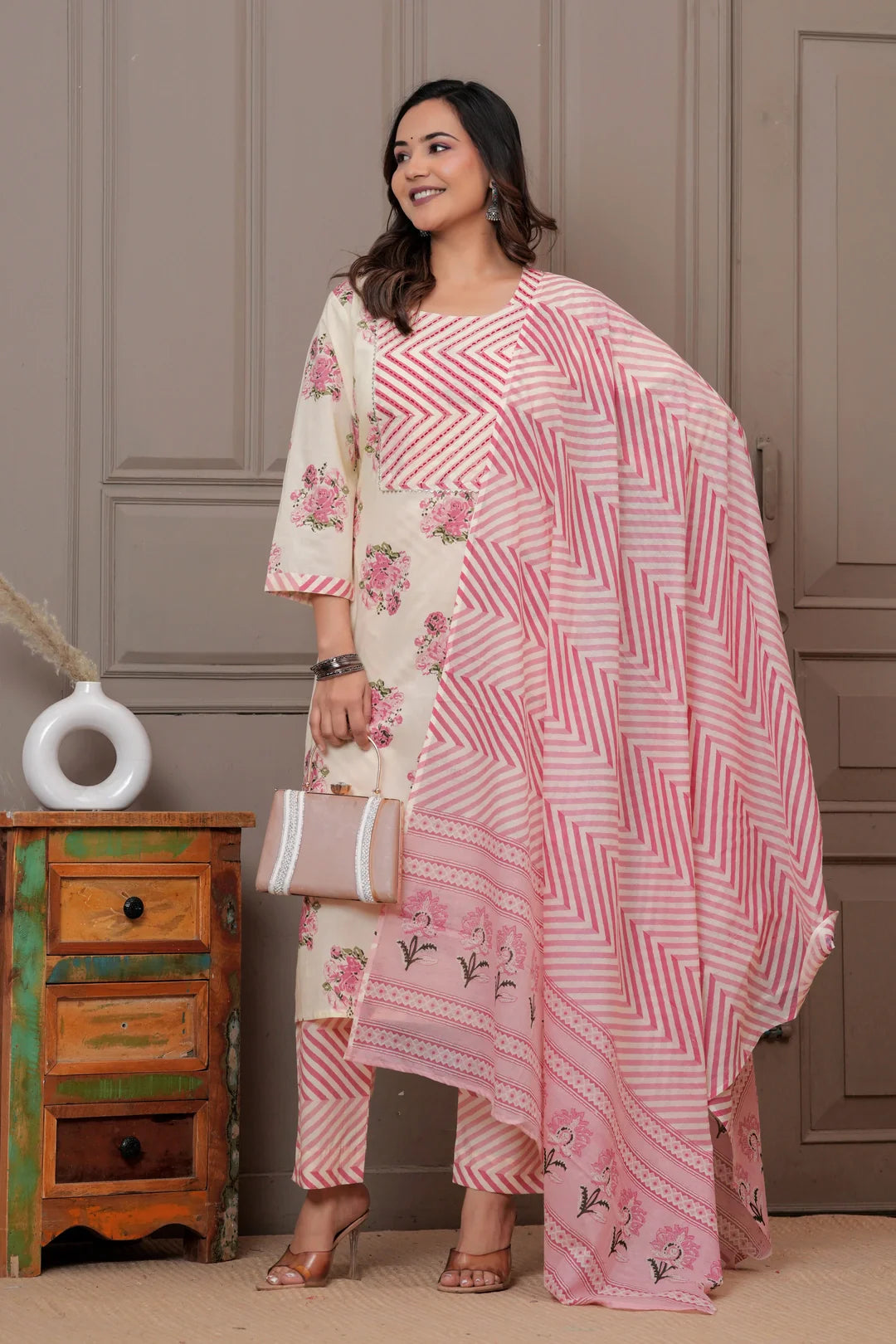 Handblock Floral Cotton Kurta Pant Set with Leheriya Dupatta - Pink