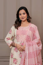 Handblock Floral Cotton Kurta Pant Set with Leheriya Dupatta - Pink