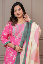 Pink Floral Handblock Printed Cotton Kurta Set with Dupatta