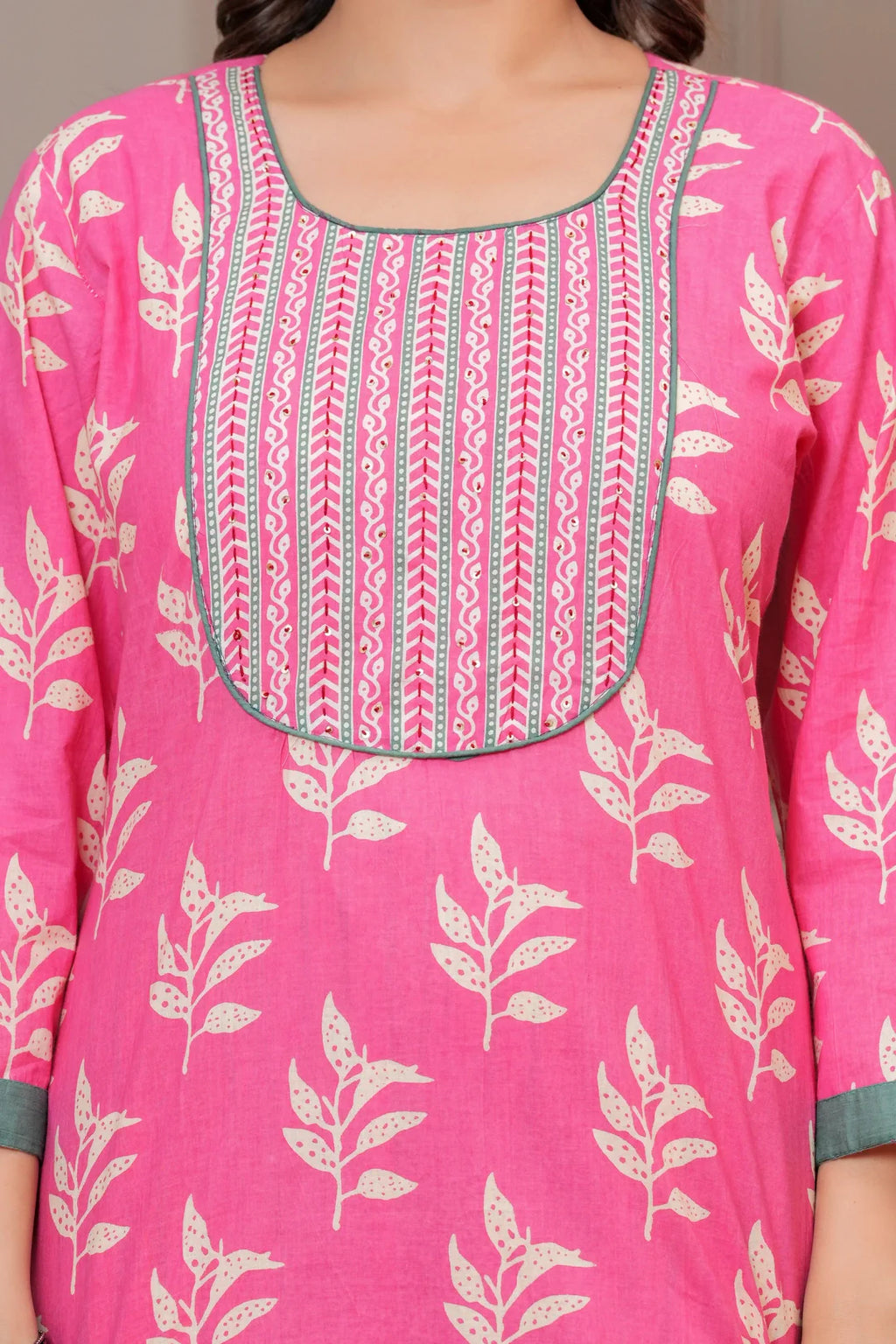 Pink Floral Handblock Printed Cotton Kurta Set with Dupatta