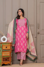 Pink Floral Handblock Printed Cotton Kurta Set with Dupatta