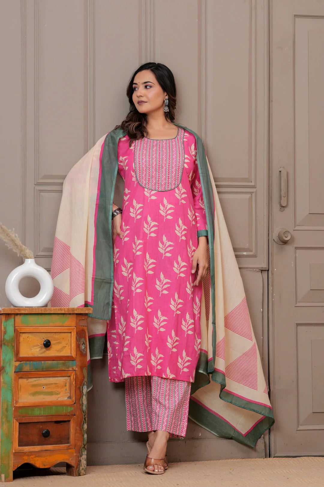 Pink Floral Handblock Printed Cotton Kurta Set with Dupatta