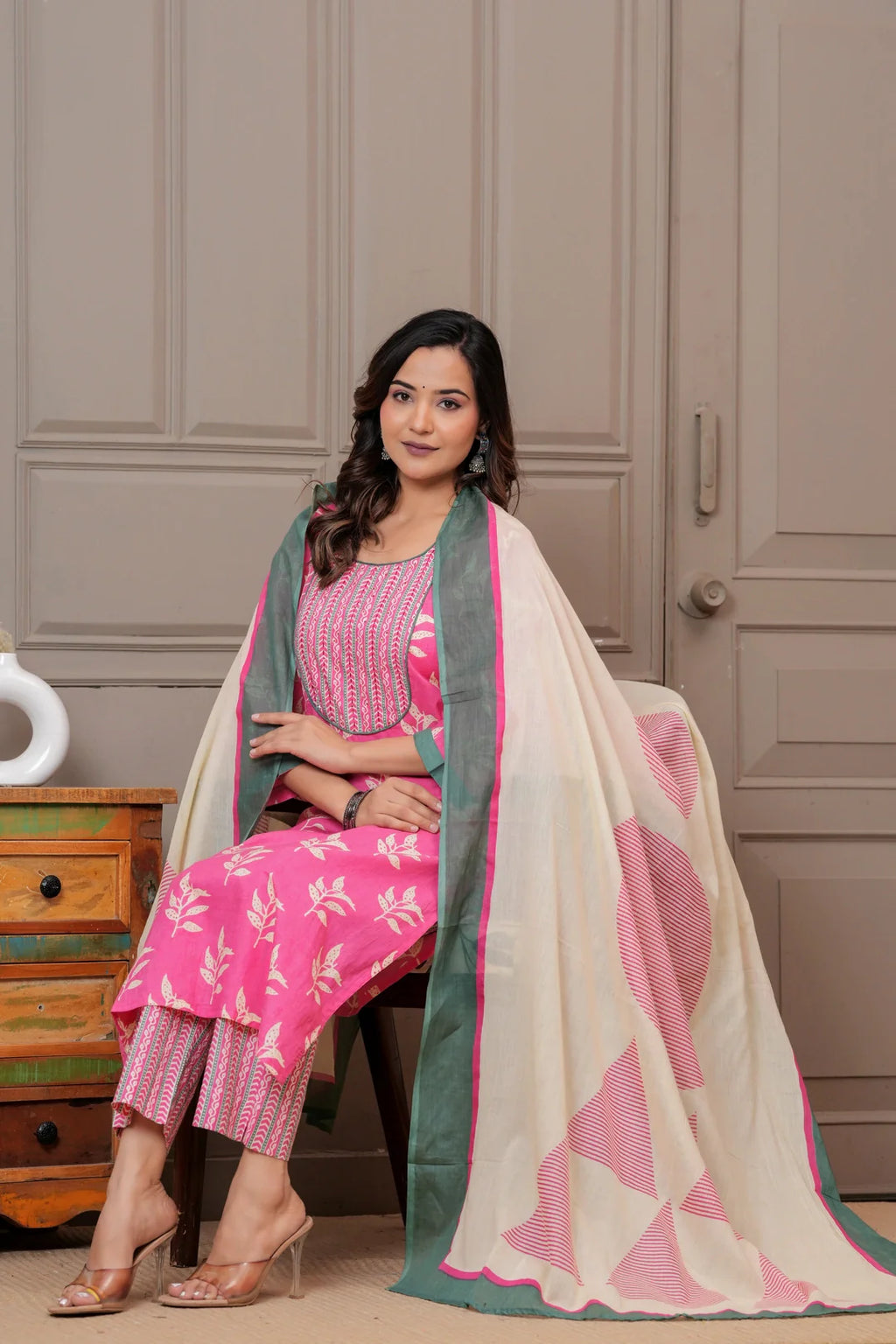 Pink Floral Handblock Printed Cotton Kurta Set with Dupatta