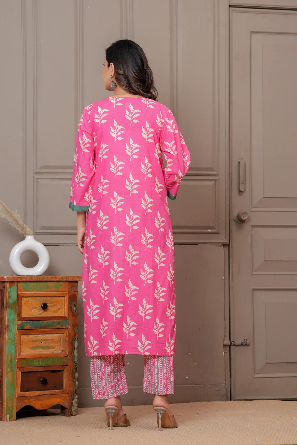 Pink Floral Handblock Printed Cotton Kurta Set with Dupatta