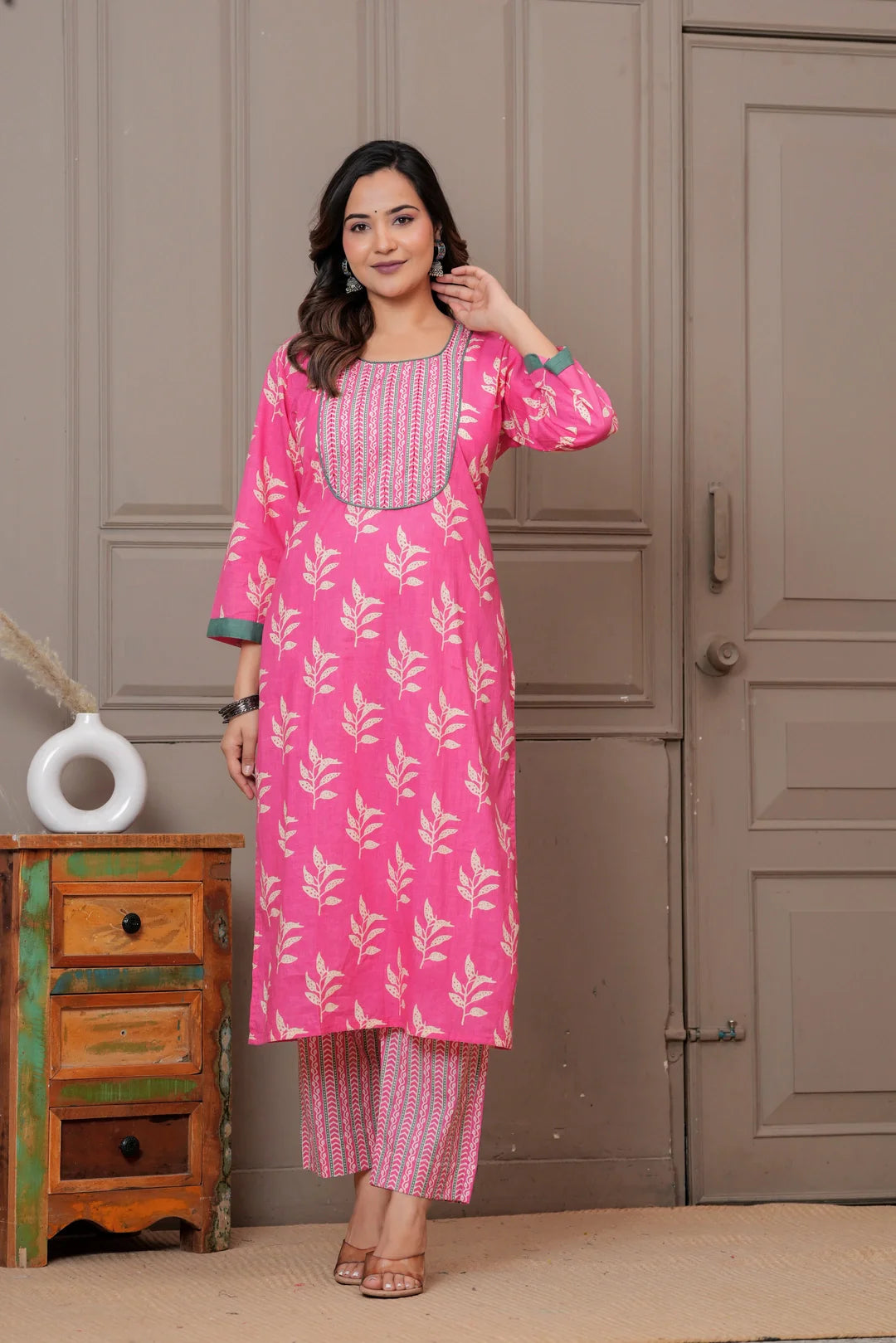 Pink Floral Handblock Printed Cotton Kurta Set with Dupatta