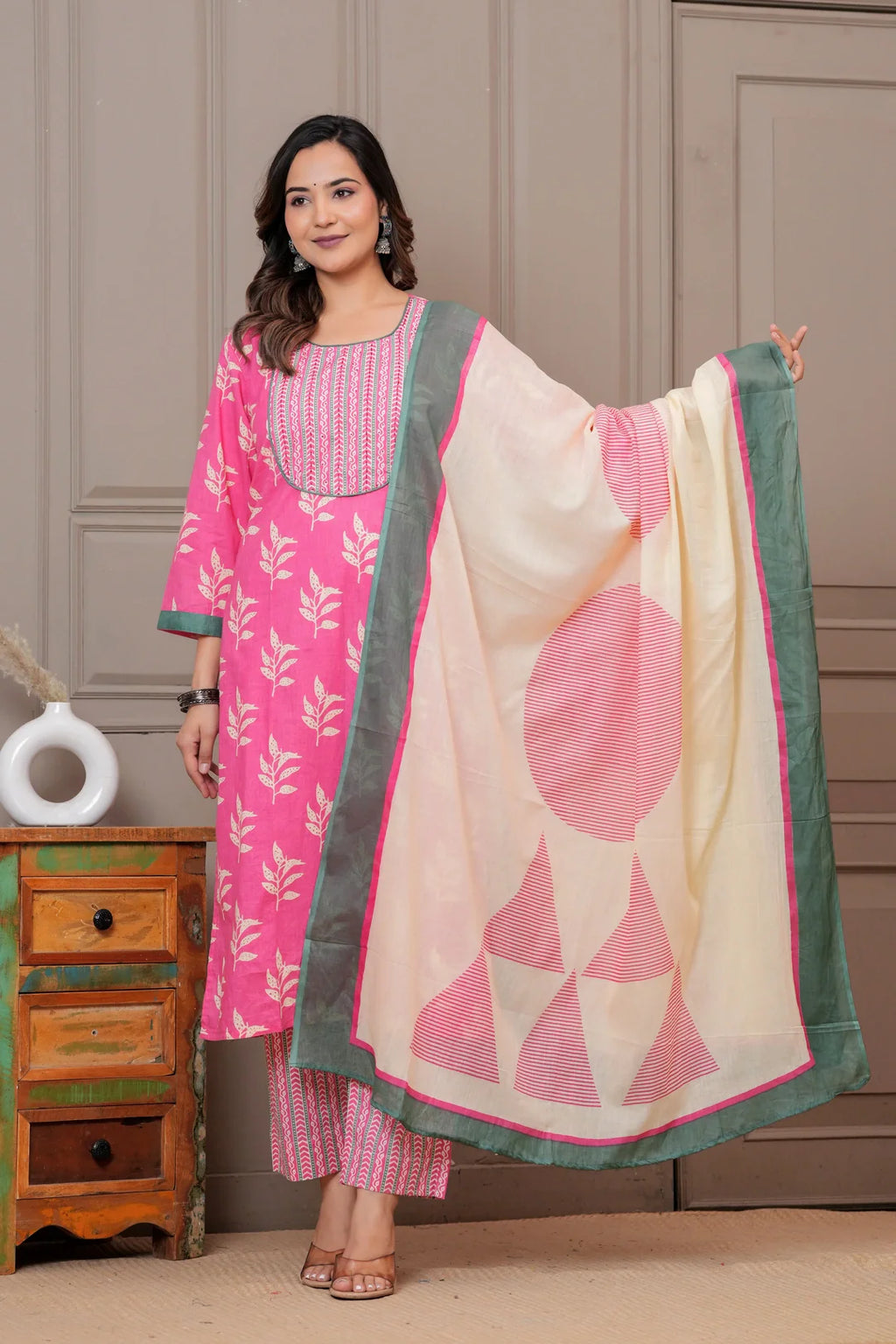 Pink Floral Handblock Printed Cotton Kurta Set with Dupatta