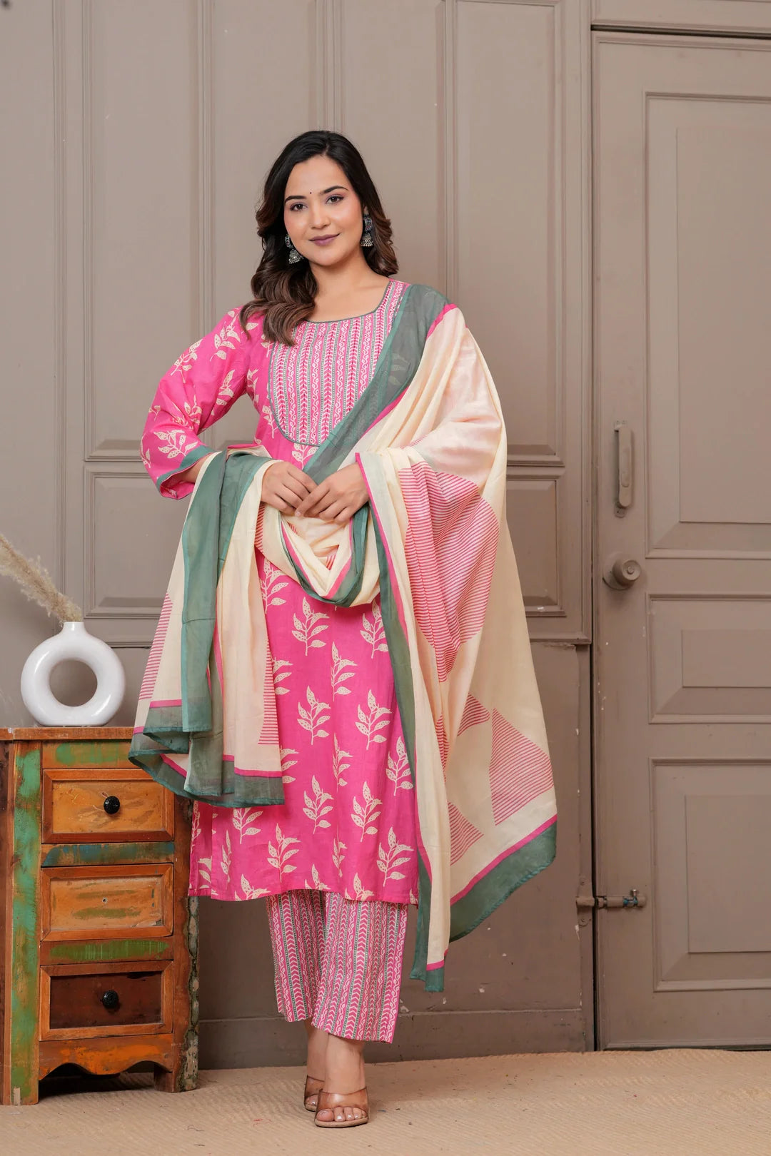 Pink Floral Handblock Printed Cotton Kurta Set with Dupatta