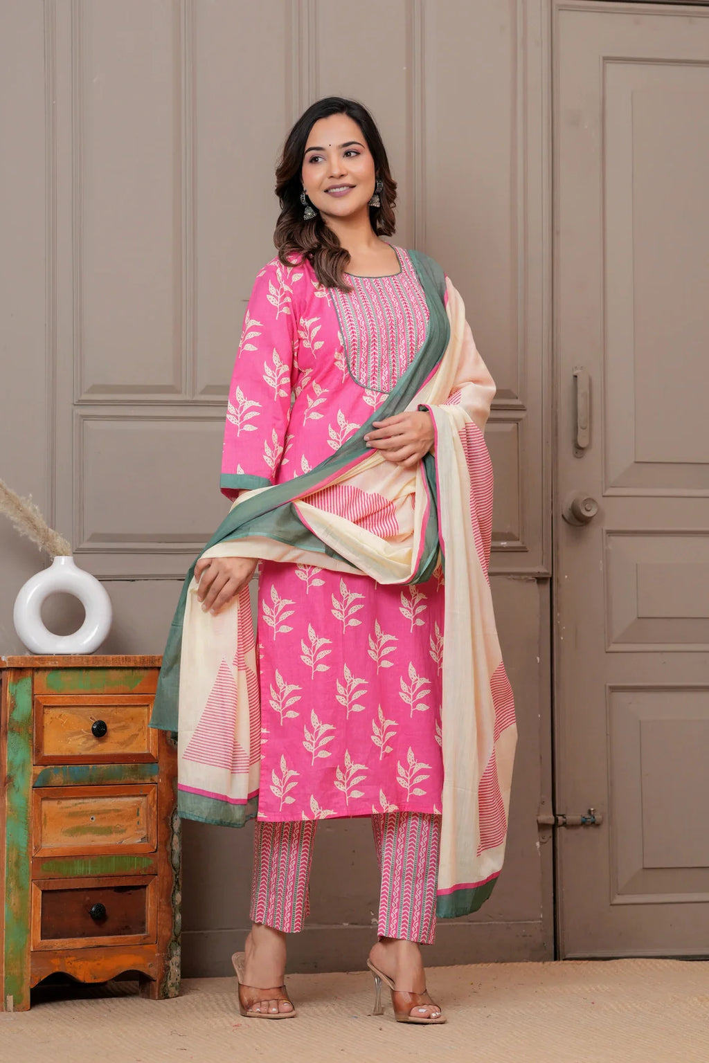 Pink Floral Handblock Printed Cotton Kurta Set with Dupatta