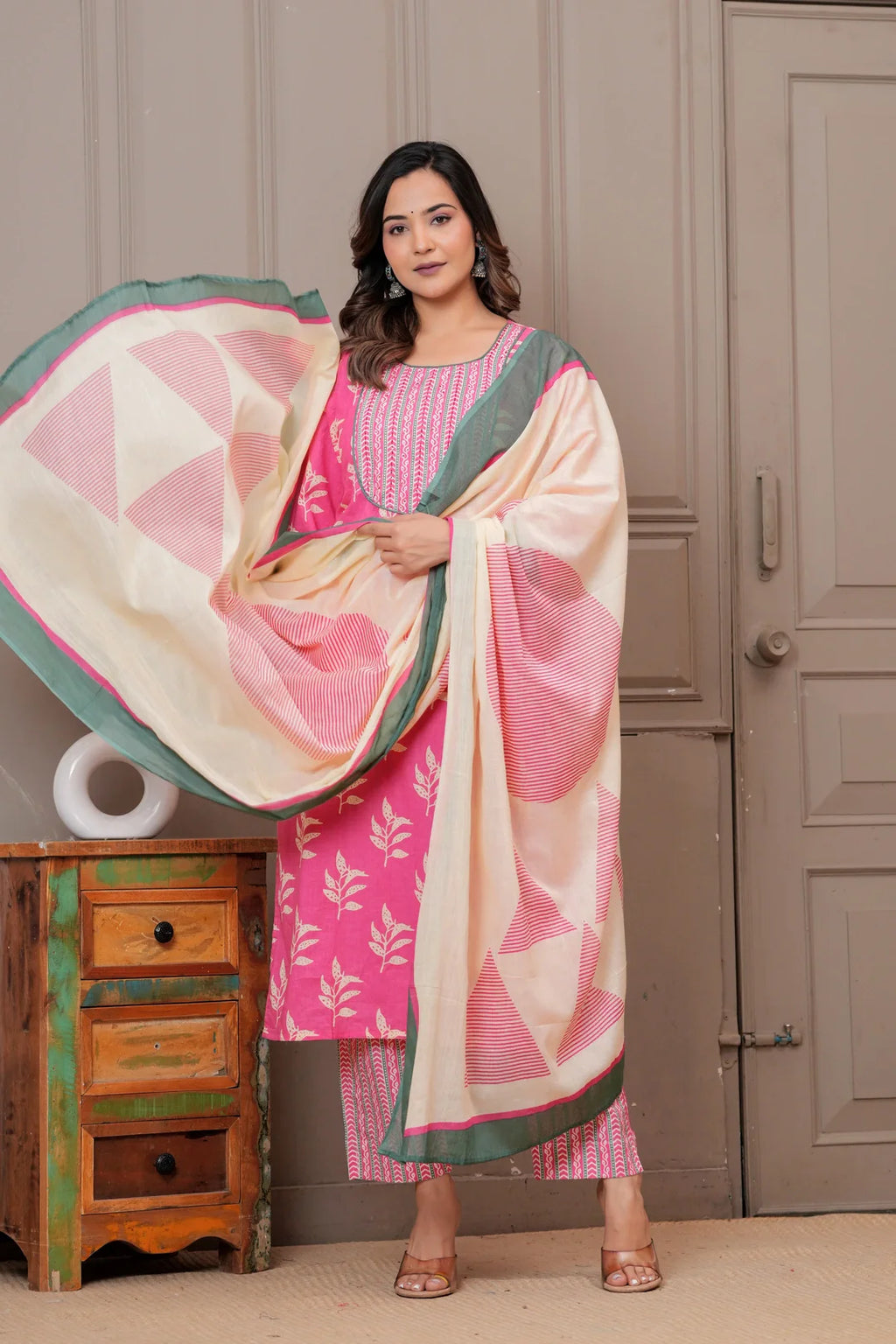 Pink Floral Handblock Printed Cotton Kurta Set with Dupatta