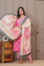 Pink Floral Handblock Printed Cotton Kurta Set with Dupatta