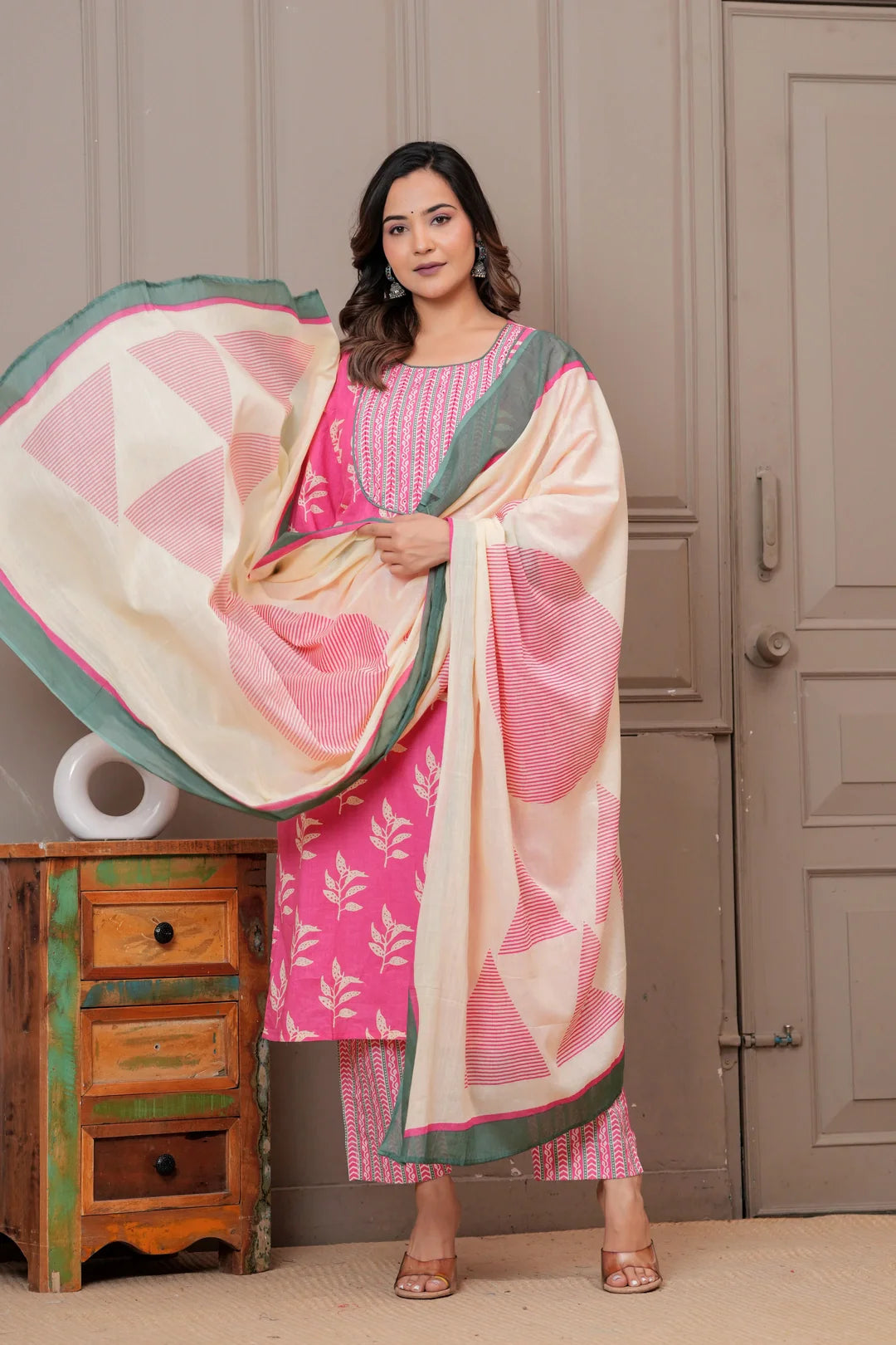 Pink Floral Handblock Printed Cotton Kurta Set with Dupatta