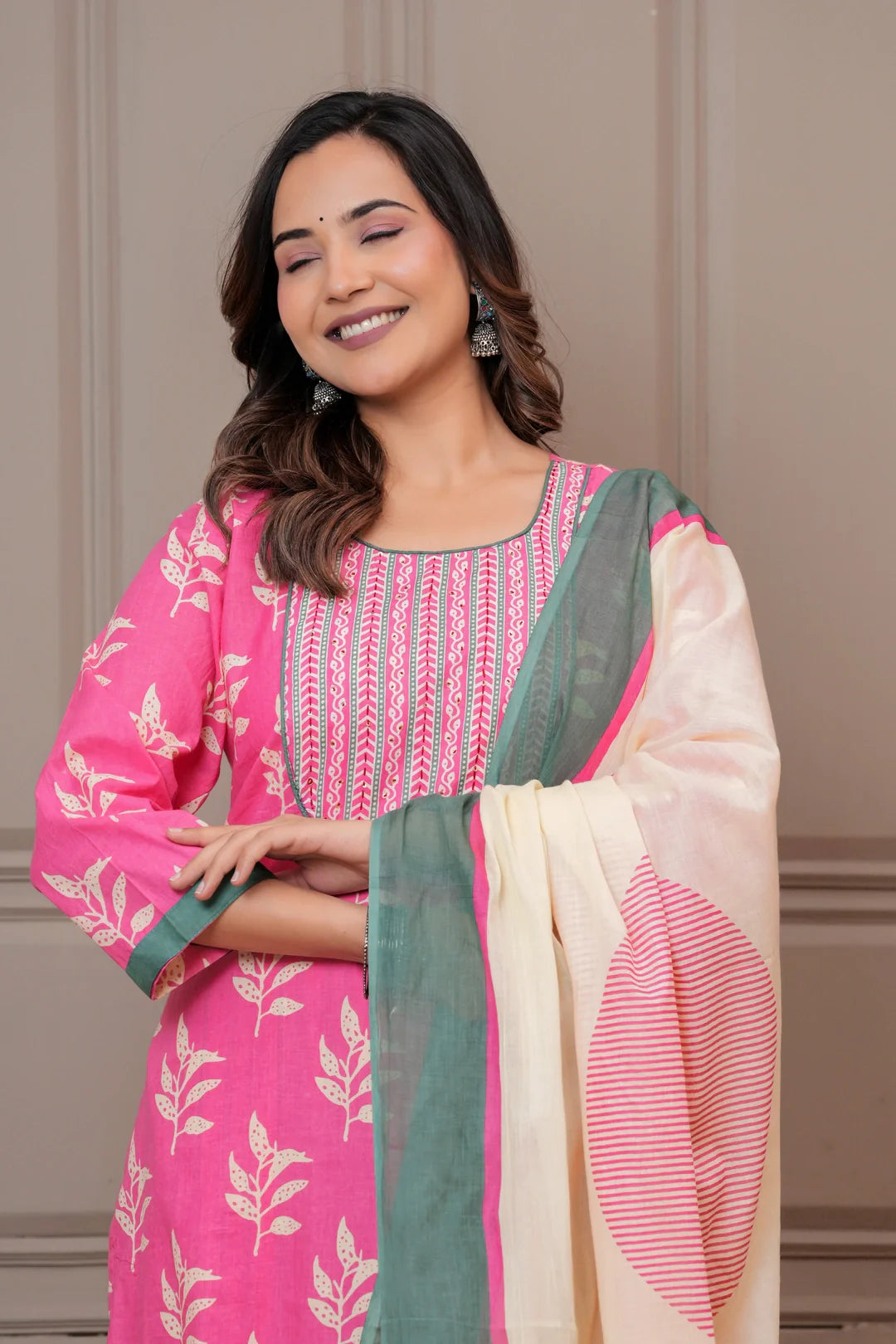 Pink Floral Handblock Printed Cotton Kurta Set with Dupatta