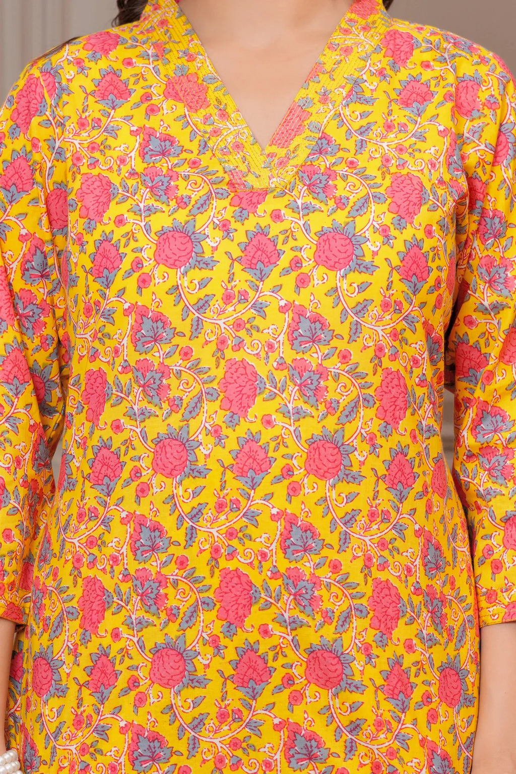 Yellow Floral Handblock Print Cotton Co-ord Set