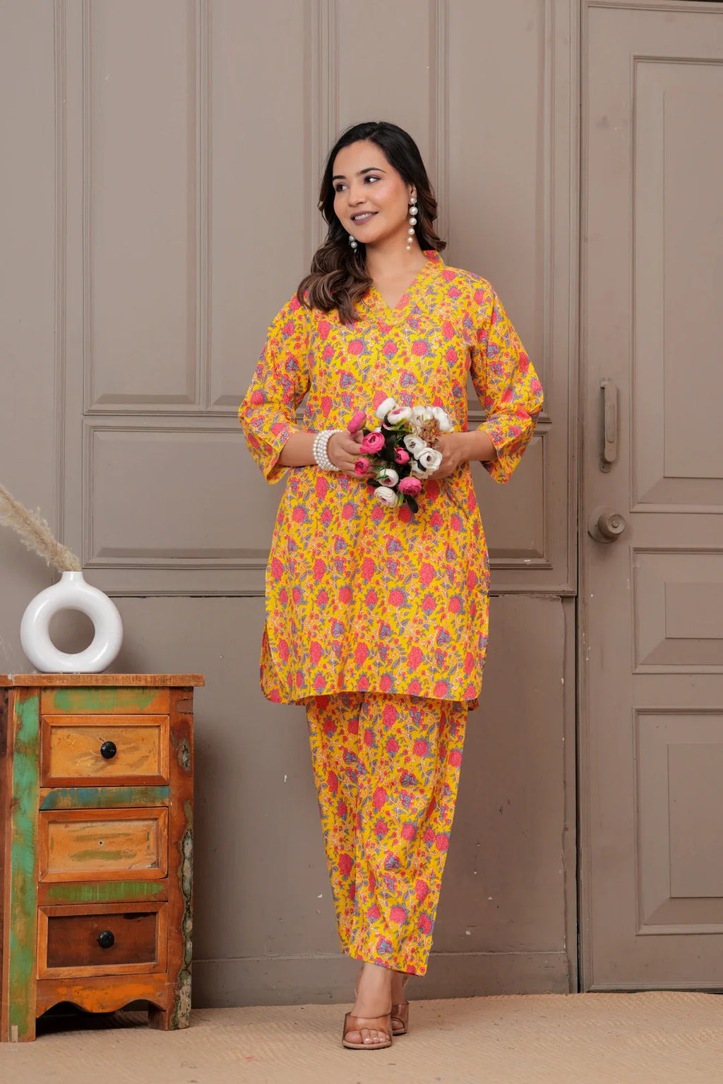 Yellow Floral Handblock Print Cotton Co-ord Set