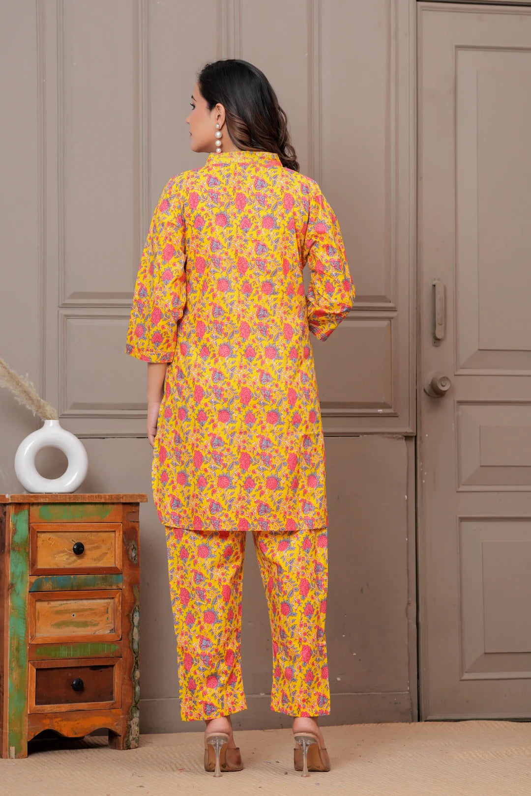 Yellow Floral Handblock Print Cotton Co-ord Set