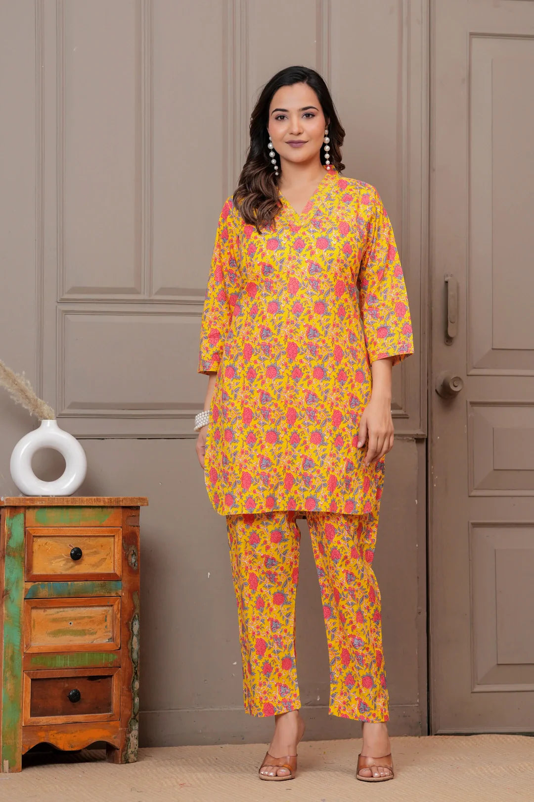 Yellow Floral Handblock Print Cotton Co-ord Set