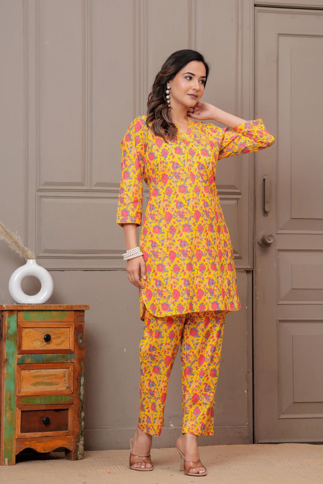 Yellow Floral Handblock Print Cotton Co-ord Set