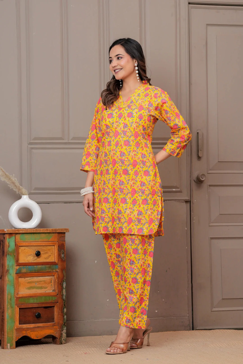 Yellow Floral Handblock Print Cotton Co-ord Set