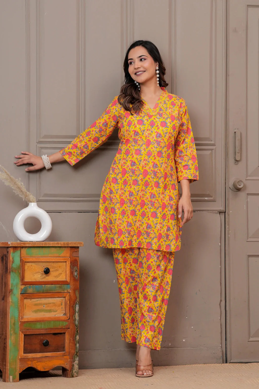 Yellow Floral Handblock Print Cotton Co-ord Set