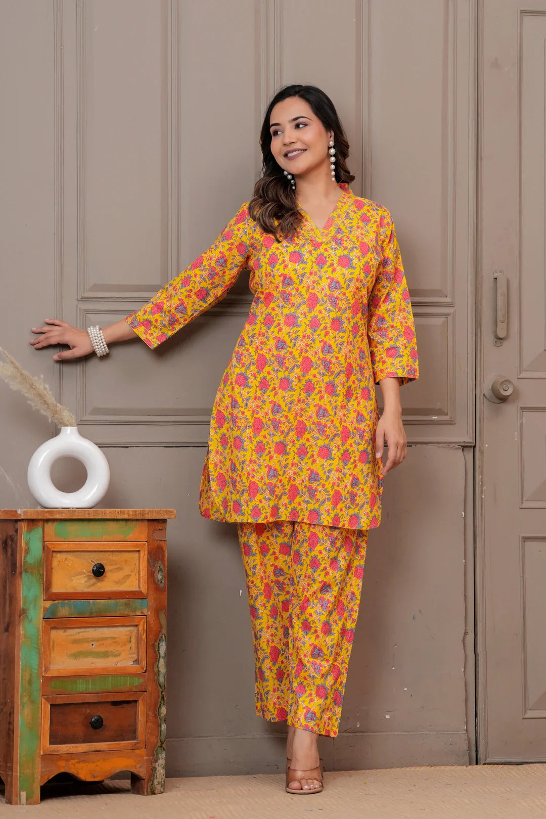 Yellow Floral Handblock Print Cotton Co-ord Set
