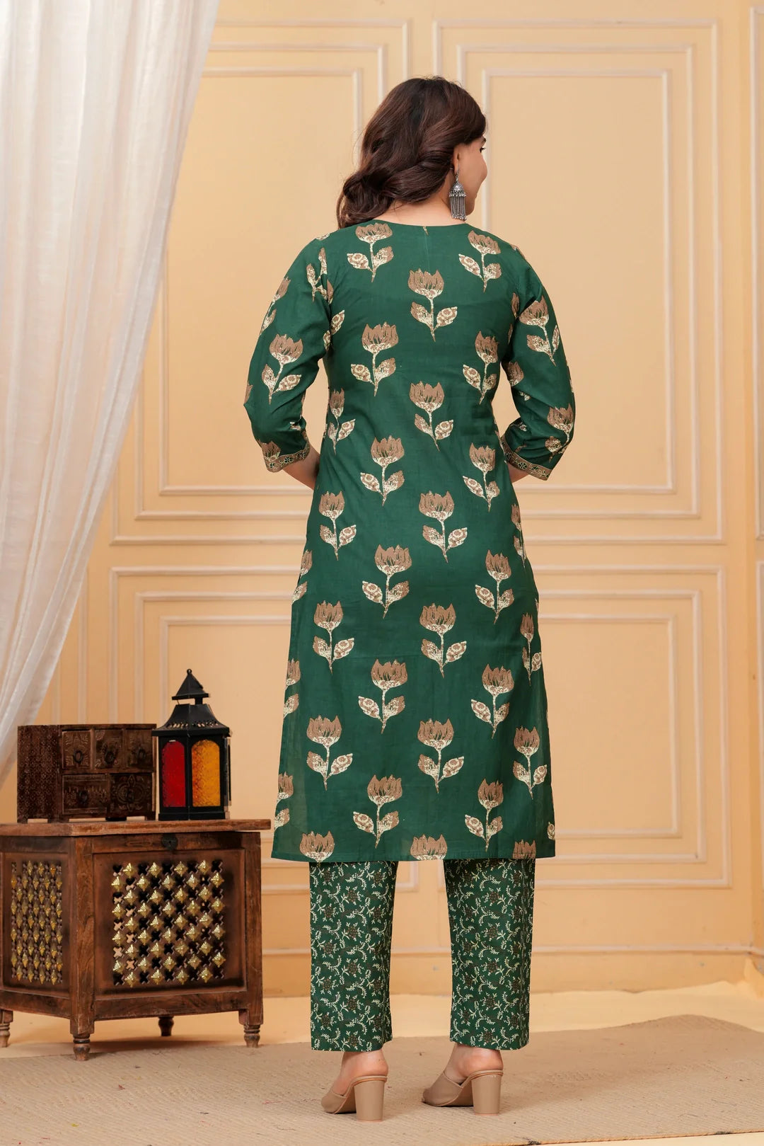 Dark Green Handblock Printed Cotton Kurta Set with Dupatta