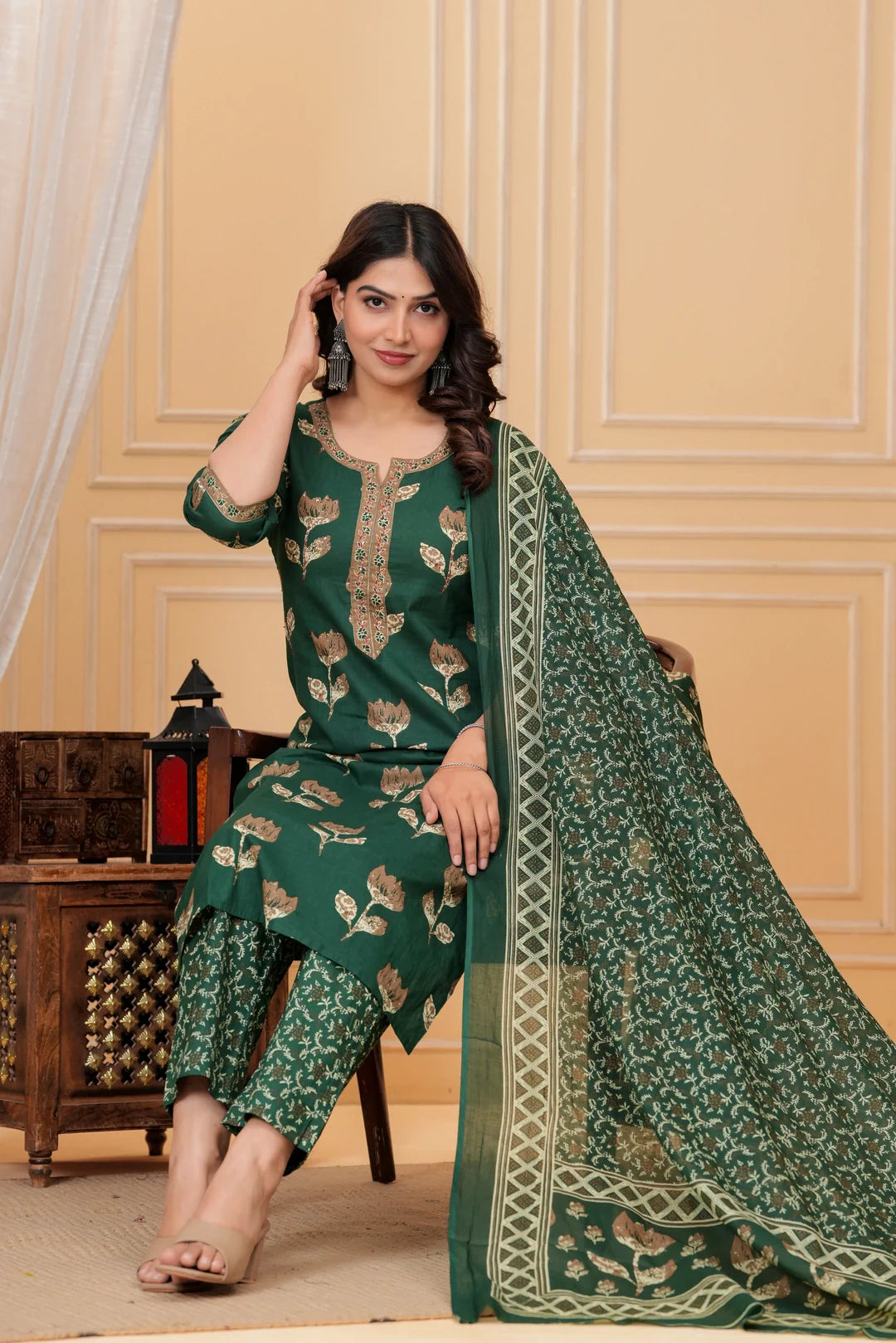 Dark Green Handblock Printed Cotton Kurta Set with Dupatta