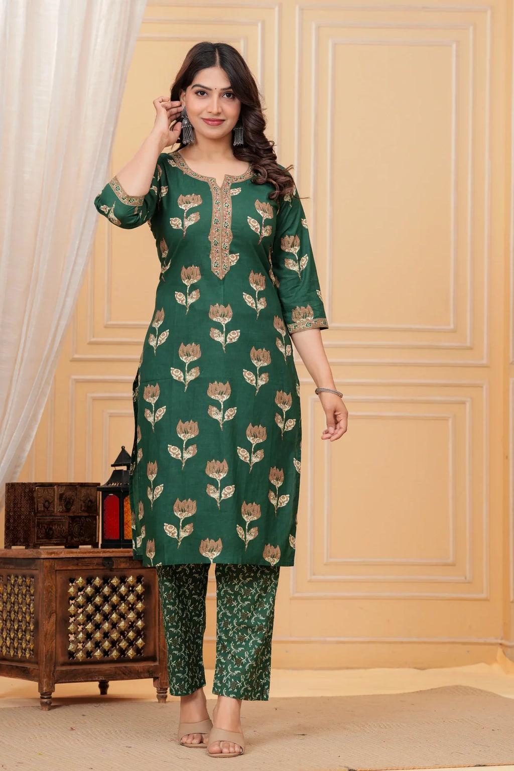Dark Green Handblock Printed Cotton Kurta Set with Dupatta