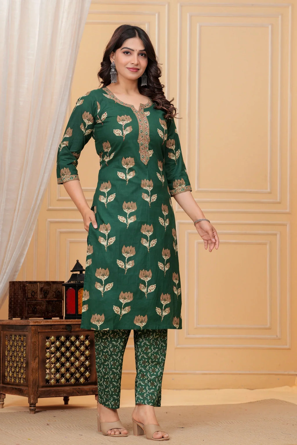 Dark Green Handblock Printed Cotton Kurta Set with Dupatta