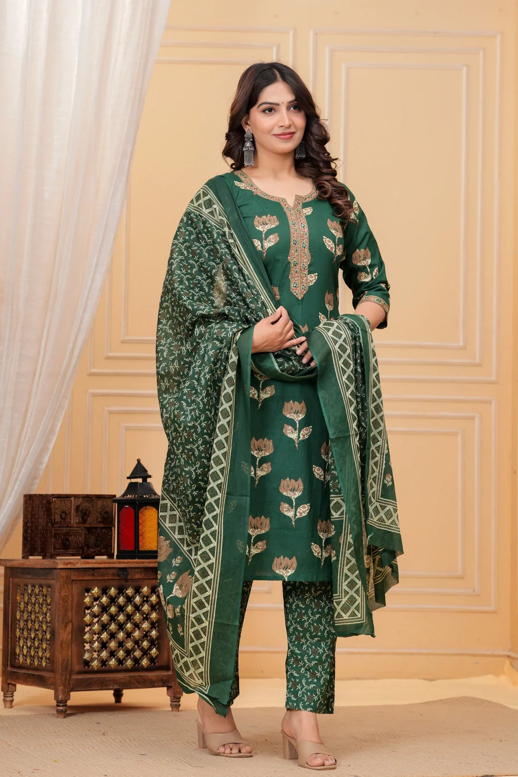 Dark Green Handblock Printed Cotton Kurta Set with Dupatta