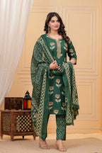 Dark Green Handblock Printed Cotton Kurta Set with Dupatta