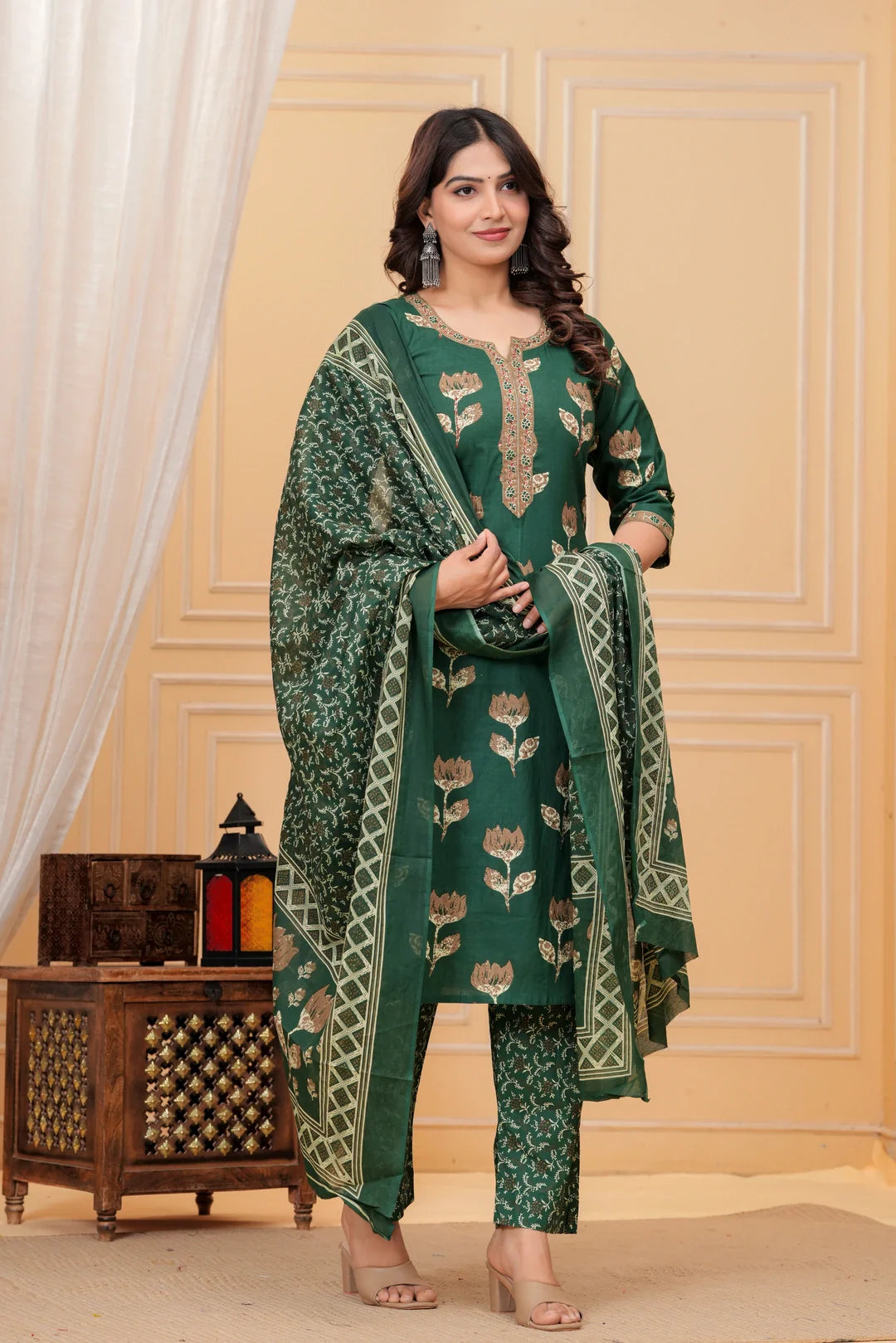 Dark Green Handblock Printed Cotton Kurta Set with Dupatta