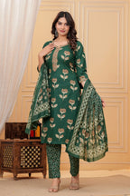 Dark Green Handblock Printed Cotton Kurta Set with Dupatta